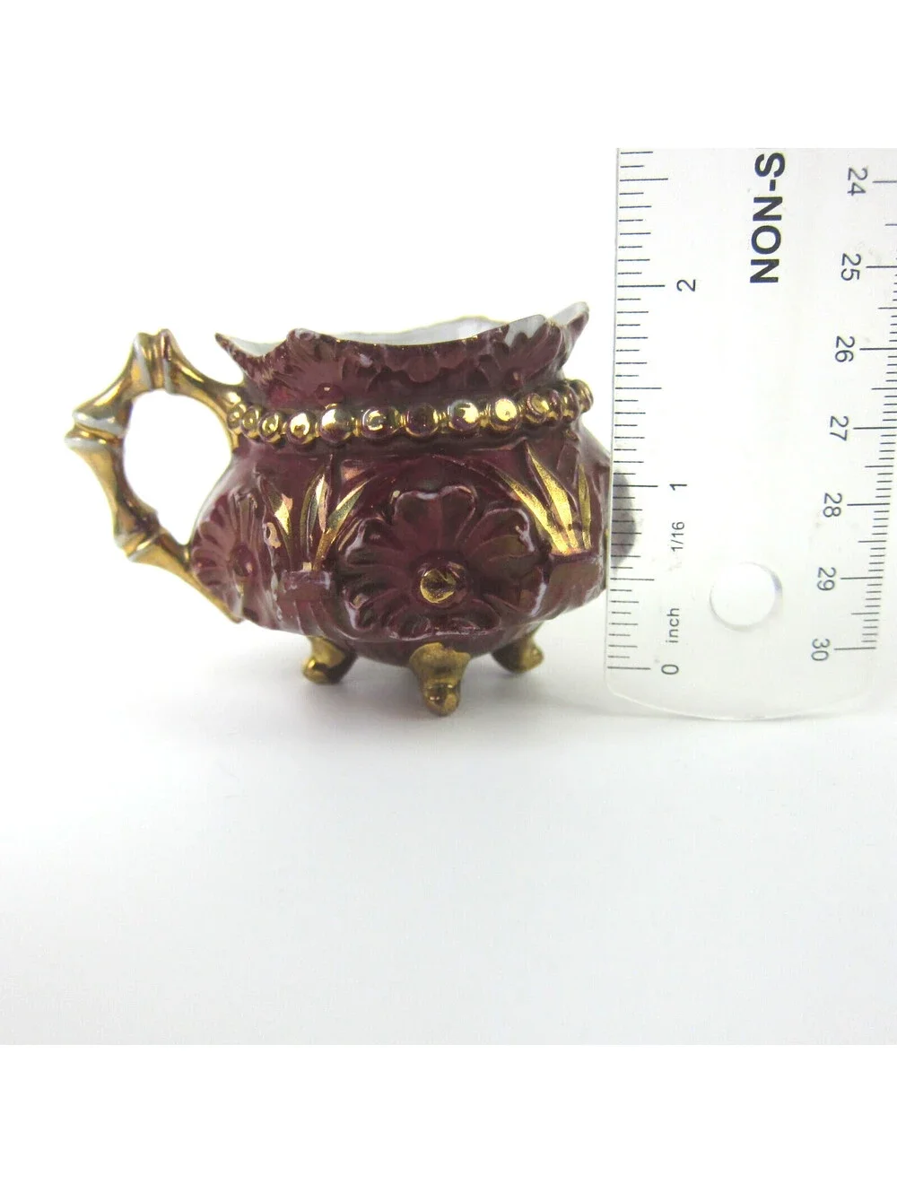 Antique Porcelain Footed Tea Cup & Saucer Set Burgundy & Gold Floral Demitasse